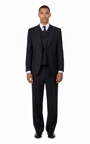 San Giovesse Black, Pure Wool, Wide Leg Suit & Vest by Tiglio Rosso TIG1001