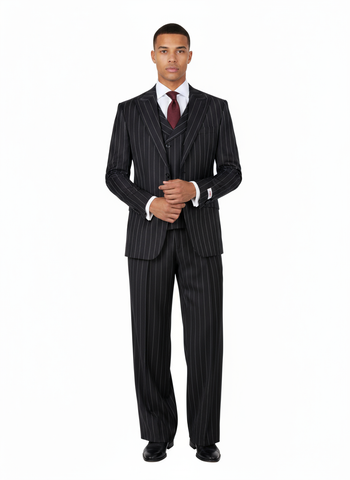 San Giovesse Black with White Pinstripe Pure Wool, Wide Leg Suit & Vest by Tiglio Rosso TIG1052