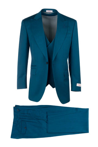 Rosso Teal, Pure Wool, Wide Leg Suit & Vest by Tiglio Rosso R899611/4500