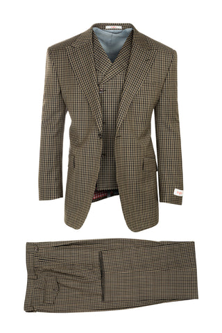 San Giovesse Tan with Brown and Black Check Pattern, Pure Wool, Wide Leg Suit & Vest by Tiglio Rosso FJ2200/5