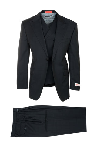 San Giovesse Midnight Blue Windowpane, Pure Wool, Wide Leg Suit & Vest by Tiglio Rosso FT3033/4