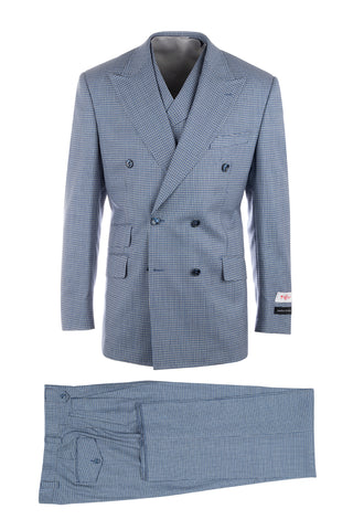 EST Blue, White and Black Check/Houndstooth Pattern, Pure Wool, Wide Leg Suit & Vest by Tiglio Rosso RB0334/134/9