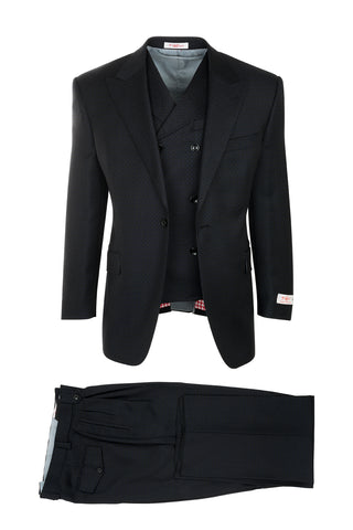 San Giovesse Black with Blue and Light Gray Squares, Pure Wool, Wide Leg Suit & Vest by Tiglio Rosso RF1047/1