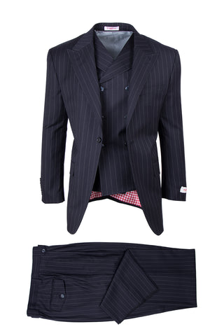San Giovesse Navy Blue Pinstripe, Pure Wool, Wide Leg Suit & Vest by Tiglio Rosso TIG1030