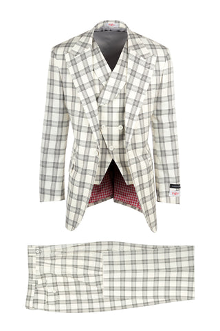 New Rosso Offwhite with Black Windowpane, Pure Wool, Wide Leg Suit & Vest by Tiglio Rosso V986.436/1