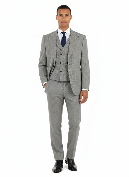 San Giovesse Black and White Check, Pure Wool, Wide Leg Suit & Vest by Tiglio Rosso RS5224/1