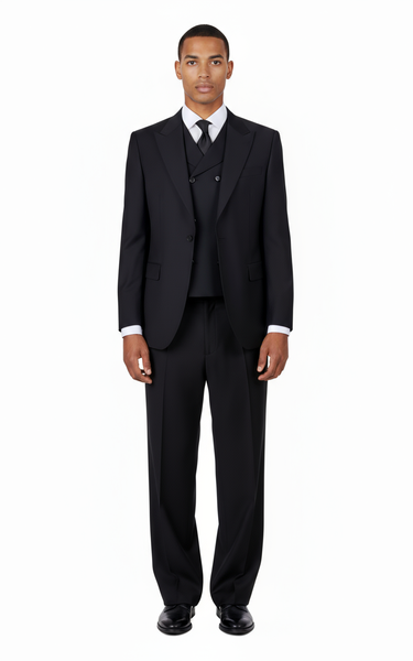 San Giovesse Black, Pure Wool, Wide Leg Suit & Vest by Tiglio Rosso TIG1001