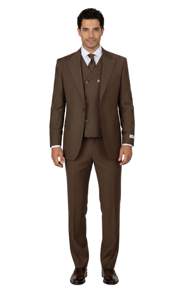 San Giovesse Tobacco, Pure Wool, Wide Leg Suit & Vest by Tiglio Rosso