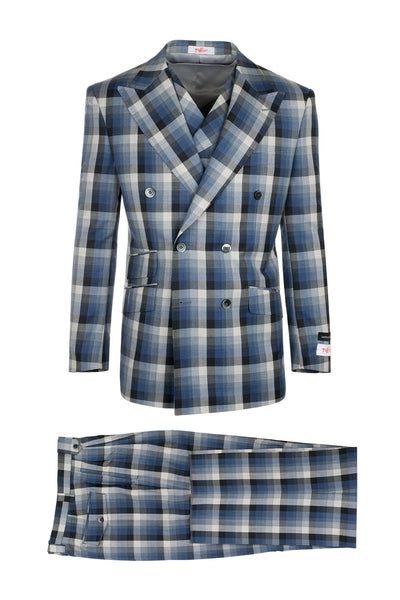 EST Cream, Gray, Blue and Black Check Pattern, Pure Wool, Wide Leg Suit & Vest by Tiglio Rosso 5.539/1