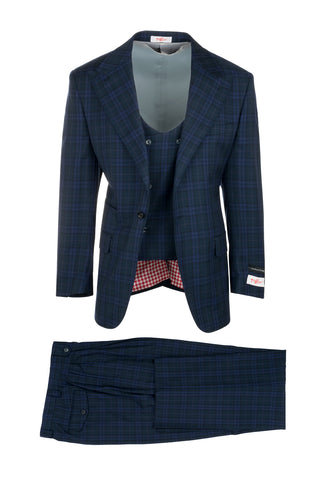 Luca Navy with Lighter Blue and Pinkish Plaid, Pure Wool, Wide Leg Suit & Vest by Tiglio Rosso 74159/2