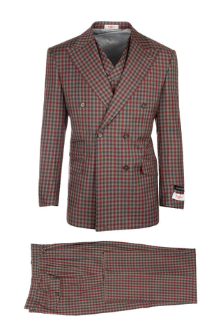EST Tan, Red and Gray Check Pattern, Pure Wool, Wide Leg Suit & Vest by Tiglio Rosso 74274/12
