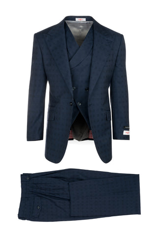 New Rosso Navy Blue with Textured Check Pattern, Pure Wool, Wide Leg Suit & Vest by Tiglio Rosso 86.5132/3