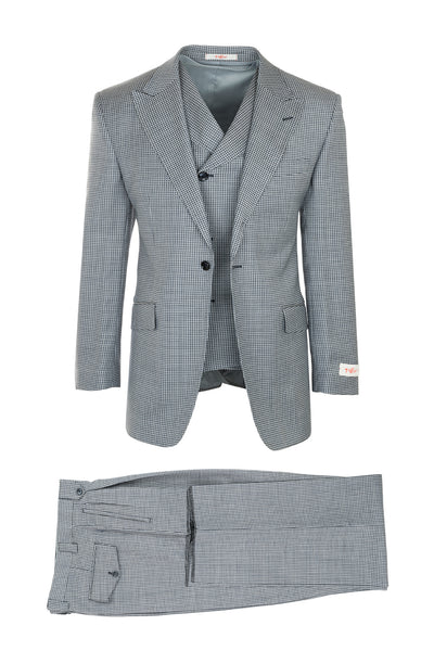 San Giovesse Light Gray with Navy Mini Check, Pure Wool, Wide Leg Suit & Vest by Tiglio Rosso FJ2213/1