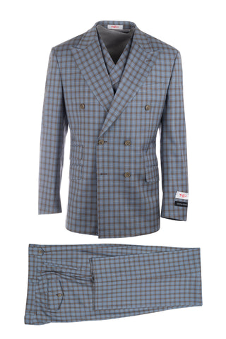 EST Slate Blue and Brown Check, Pure Wool, Wide Leg Suit & Vest by Tiglio Rosso LT55218/1