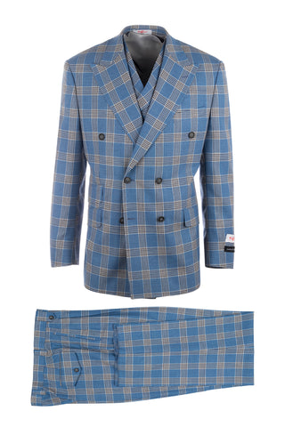 EST Plaid Jean Blue, Pure Wool, Wide Leg Suit & Vest by Tiglio Rosso LV209513/1