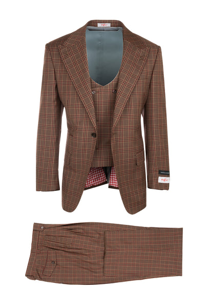 Luca Brown with Red and Dark Brown Plaid/Windowpane, Pure Wool, Wide Leg Suit & Vest by Tiglio Rosso R7404/3