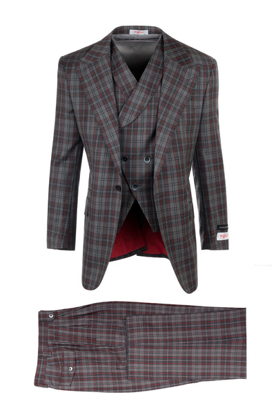 New Rosso Gray with Red Windowpane, Pure Wool, Wide Leg Suit & Vest by Tiglio Rosso R7412/6