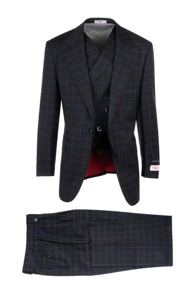 New Rosso Brown with Light Blue Windowpane, Pure Wool, Wide Leg Suit & Vest by Tiglio Rosso R7413/3