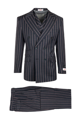 EST Navy Blue with Salmon Stripes, Pure Wool, Wide Leg Suit & Vest by Tiglio Rosso R7464/1