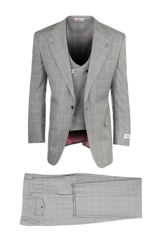 Luca Light Gray with Cream Windowpane, Pure Wool, Wide Leg Suit & Vest by Tiglio Rosso R8150079/1
