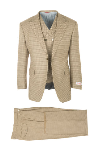 San Giovesse Cream and Brown Houndstooth Pattern, Pure Wool, Wide Leg Suit & Vest by Tiglio Rosso RF2238/2