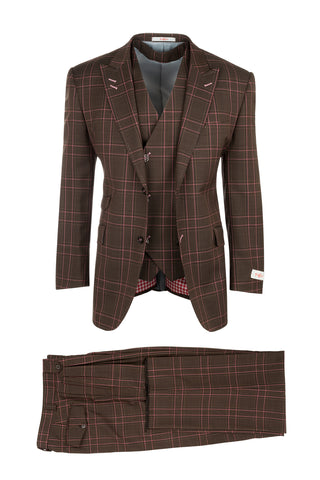 Portofino Brown with Black and Pink Windowpane Pure Wool, Wide Leg Suit & Vest by Tiglio Rosso RF2627/1