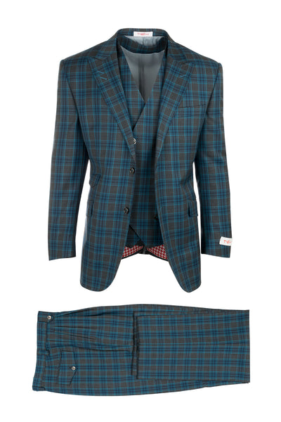 Portofino Gray with Light and Medium Blue Plaid Pattern Pure Wool, Wide Leg Suit & Vest by Tiglio Rosso RS2637/5
