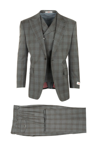 San Giovesse Light Gray with Black and Brown Windowpane, Pure Wool, Wide Leg Suit & Vest by Tiglio Rosso RF2654/1