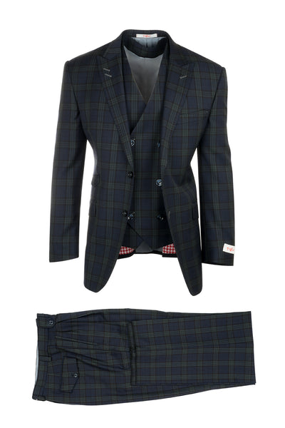 Portofino Navy Blue with Dark Green Plaid/Windowpane Pure Wool, Wide Leg Suit & Vest by Tiglio Rosso RF2696/8
