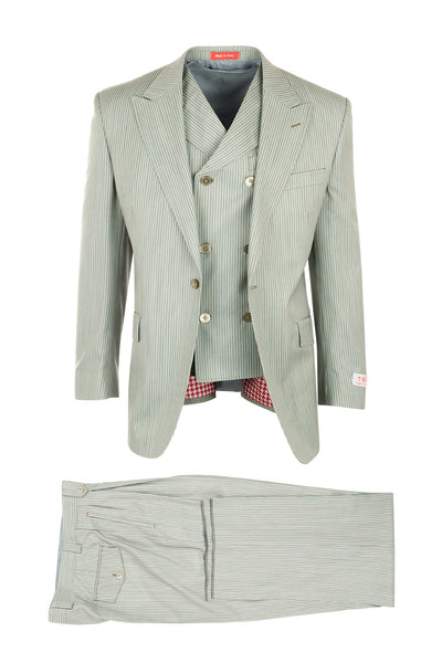 San Giovesse Tan with Aquamarine Stripes, Pure Wool, Wide Leg Suit & Vest by Tiglio Rosso RS43236/2