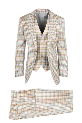 Pomino Cream, Blue, Pink, Yellow and Brown Check Pattern Pure Wool, Wide Leg Suit & Vest by Tiglio Rosso RS6307/3