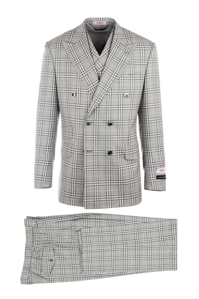EST Black and Offwhite Plaid with Pink Windowpane Overlay, Pure Wool, Wide Leg Suit & Vest by Tiglio Rosso 55171/1