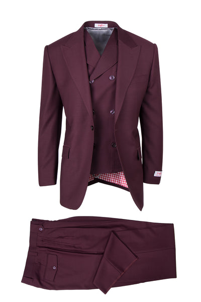 San Giovesse Burgundy, Pure Wool, Wide Leg Suit & Vest by Tiglio Rosso
