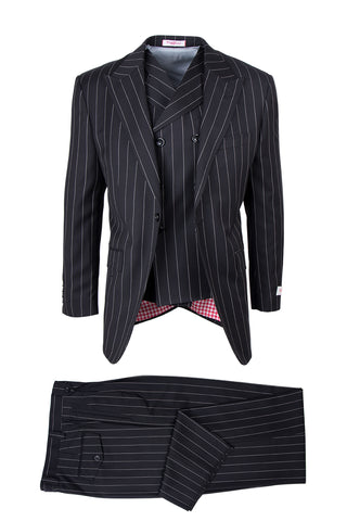 San Giovesse Black Bold Pinstripe Pure Wool, Wide Leg Suit & Vest by Tiglio Rosso TIG1052