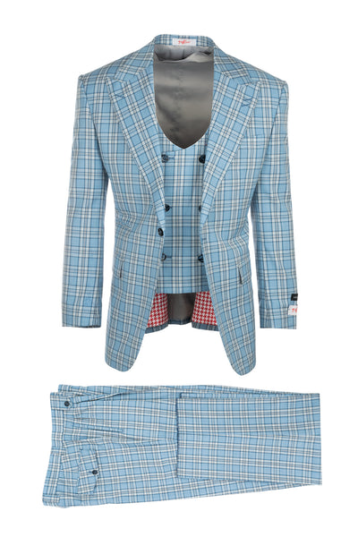 Luca Light Blue with Dark Blue and White Plaid, Pure Wool, Wide Leg Suit & Vest by Tiglio Rosso T96307/087/1