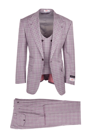 Luca Violet with Purple and White Plaid, Pure Wool, Wide Leg Suit & Vest by Tiglio Rosso T96307/087/3