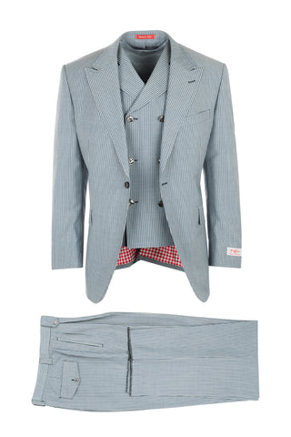 San Giovesse Light Blue with White Stripes, Pure Wool, Wide Leg Suit & Vest by Tiglio Rosso TS4181/1