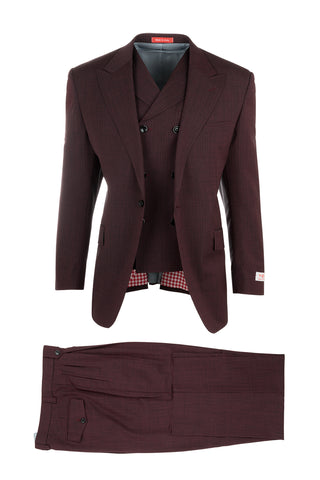 San Giovesse Burgundy with Black Check Pattern, Pure Wool, Wide Leg Suit & Vest by Tiglio Rosso TS5229/4